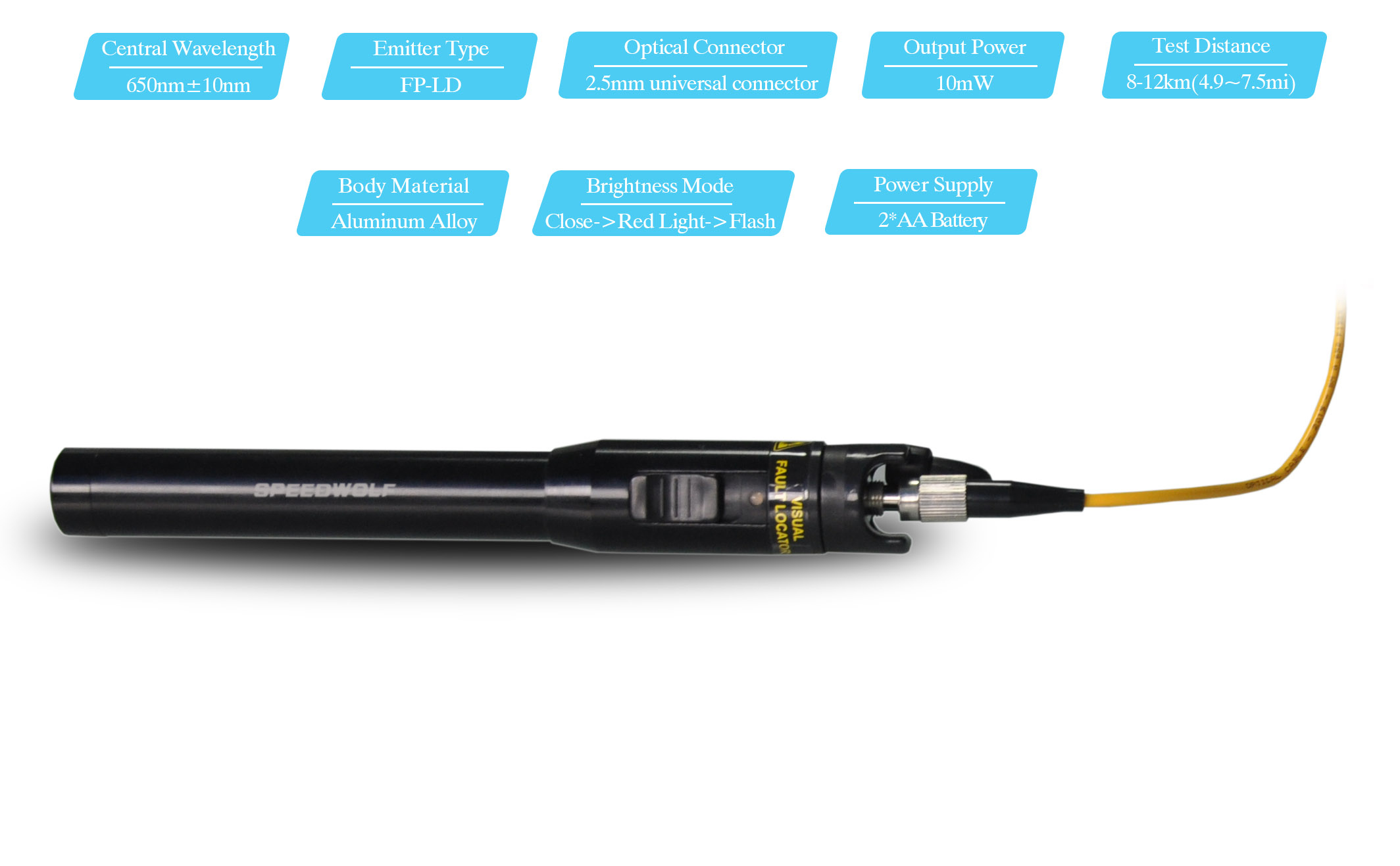 SPEEDWOLF 650nm 10mW 8-12KM(4.9~7.5mi) Pen-type Red Light Visual Fault Locator (VFL) Aluminum Body Fiber Optic Cable Tester Meter for SC,FC,ST Adapter-SP-PVFL15A